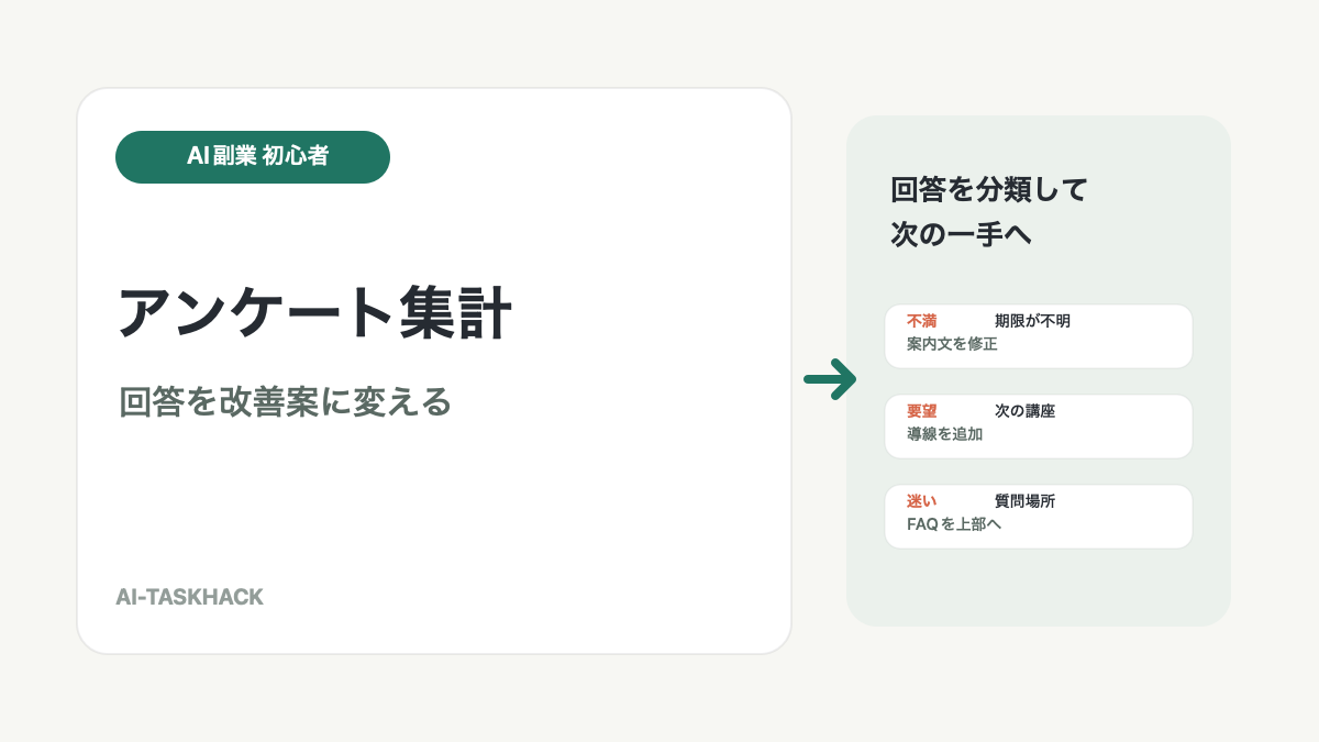 AIエージェント副業でアンケート回答を分類し改善案にまとめる作業画面